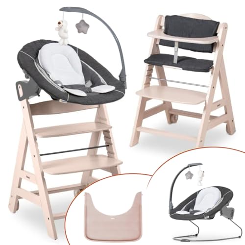 hauck Hochstuhl Beta+ Newborn Set Deluxe - Babyhochstuhl Set ab Geburt mit Neugeborenen Aufsatz Bouncer, Sitzpolster und Essbrett - Whitewashed