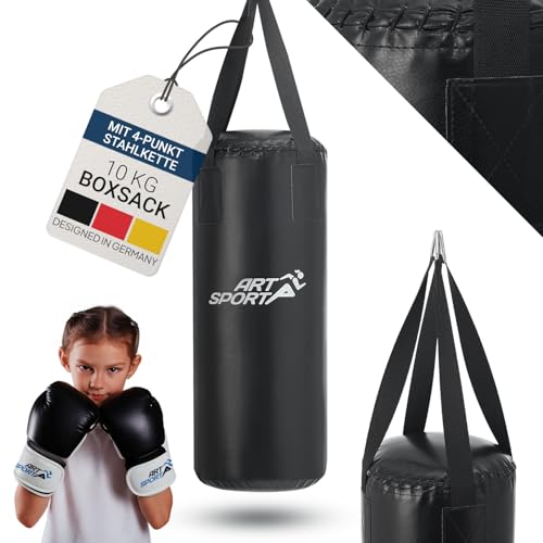 ArtSport Boxsack Kinder - 10kg Boxsack Hängend inkl. Boxhandschuhe, Bandage & Deckenhalterung - Ideales Sport Set zum Boxen ab 6 Jahren