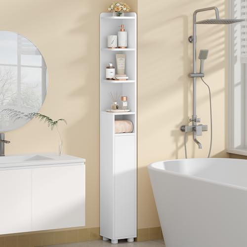 Fobyfurny Badezimmerschrank Schmal, Toilettenschrank, Badschrank mit Verstellbare Einlegeböden, Badmöbel für Kleine Bäder, 20 x 20 x 177 cm, Weiß FFBC012PW1