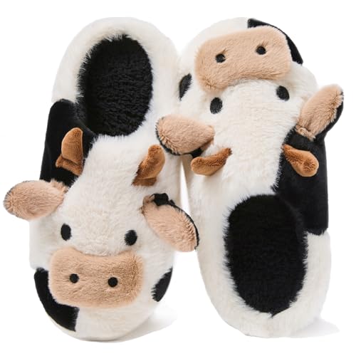 Coswind Kuh Hausschuhe Damen Herren Plüsch Pantoletten Winter Weiche Warme Bequeme Flauschige Tiere Leichte Kuschel Rutschfeste Cozy Geschlossen Lustige Schuhe Kuh Offen 270