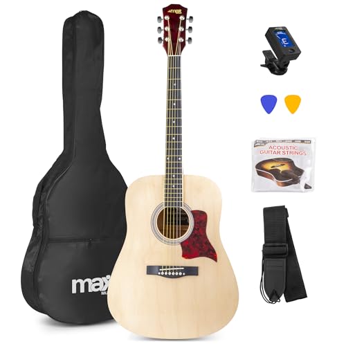 MAX SoloJam Westerngitarre, Akustik Gitarre Set, Acoustic Guitar, Akustikgitarre 4/4 mit Tasche, Plektrum, Stimmgerät, Schultergurt und Stahlsaiten, Anfängergitarre Naturholz Optik