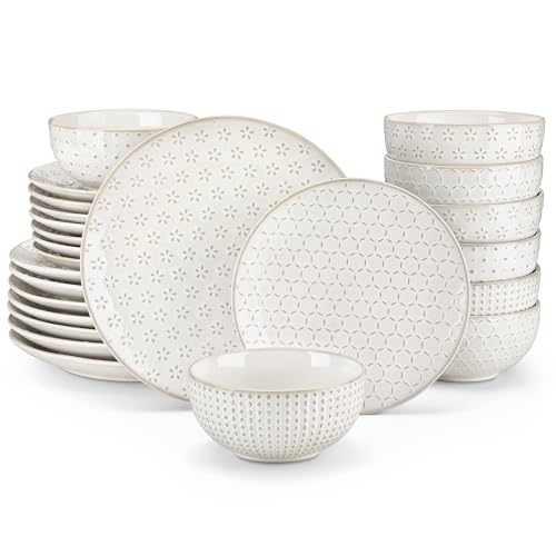 MALACASA Geschirrset für 8 Personen, 24 tlg Steingut Geschirr Handmade mit Teller set, Dessertteller, Tafelservice Modern Mit Relief, Serie LYDIA Beige