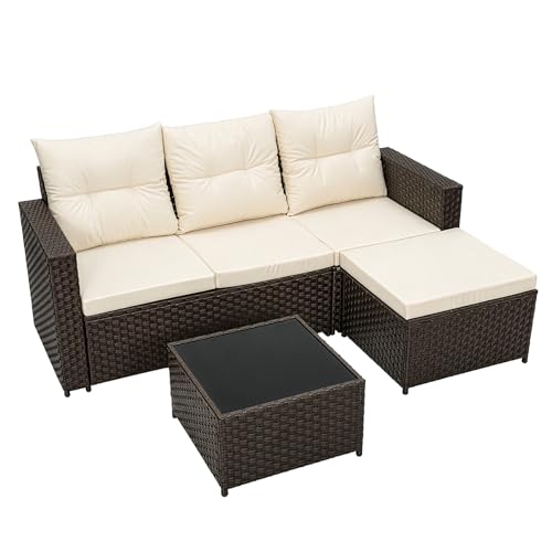 ARATERVIO Polyrattan Gartenmöbel-Set Lounge für 3–4 Personen – Ecksofa Sitzgruppe mit Tisch & Hocker, wetterfeste Gartenmöbel-Sets für Balkon, Terrasse & Garten (Braun)