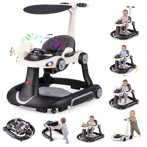 COSTWAY 7 in 1 Lauflernhilfe mit Verdeck, Lauflerwagen mit einstellbarer Höhe & Geschwindigkeit, Baby Walker klappbar mit Spielboard, Musik, Licht & Rädern, Gehfrei Baby ab 6 Monaten (Schwarz)