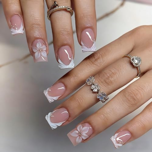 MouyouGlow Press on Nails Kurz,Square Weiß 3D Streifen French Blumen Floral Gold Beads Design Short Fake Nails,White Tips Flower Sweet Sommer INS Artificial Künstliche Fingernägel