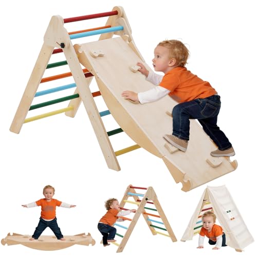 Forroby 5-in-1 Montessori Kletterdreieck, Klettergerüst Indoor mit Rutsche, Kletterleiter und Zeltdach, Wippe, Faltbares Holz Klettern Spielzeug Indoor Outdoor Set, Indoor Spielplatz 1-5 Jahre