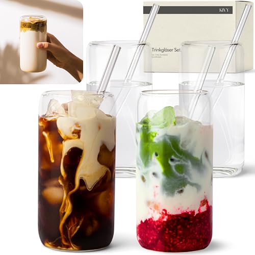 KIVY Trinkgläser Set mit Glas Strohhalm [4x 450ml] Eiskaffee, Wasser & Matcha Glas - Longdrinkgläser Set - Kaffee & Matcha Gläser - Kaffeegläser - Latte Macchiato Gläser - Hohe Cocktailgläser