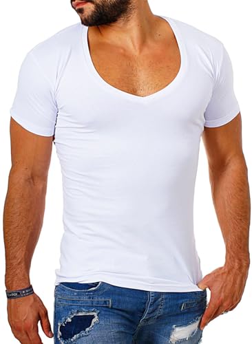 Young & Rich Herren Uni T-Shirt Basic mit extra tiefem V-Ausschnitt Slimfit deep V-Neck Stretch dehnbar 1315, Grösse:XL, Farbe:Weiß
