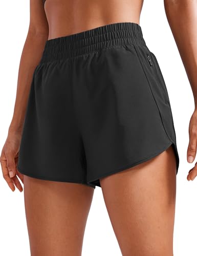 CRZ YOGA Damen Kurz Sporthose Laufhose High Waist Fitness Sport Shorts Kurze Hose mit Reißverschlusstasche Schwarz 38