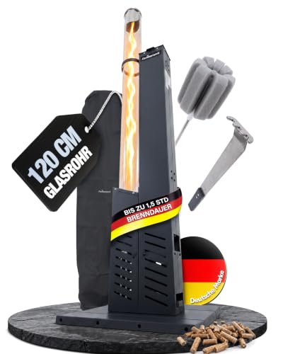 Flammenwerk Feuerrohr Pelletofen Outdoor Gartendeko 120 cm Glasrohr Fackel | Feuersäule Antrazit 28.000 BTU mit 2,6 kg Kapazität für ca. 1,5 Std. Brenndauer inkl. Regenabdeckung & Reinigungsschwammstab