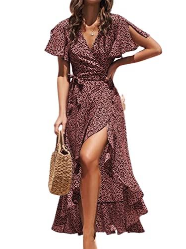 CUPSHE Damen Sommerkleid V Ausschnitt Kurzarm High Low Wickelkleid Rüschensaum Lange Freizeitkleider Strand Maxi Dress Rot L
