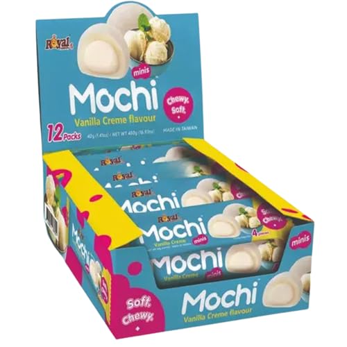 Royal Family Mochi Dessert Variety Pack, Soft & Chewy Cream Filled Treats, Mehrere Geschmacksrichtungen, 40g x 12 Stück, Premium Dessert Snack (Vanille Creme, 1Box (12er))