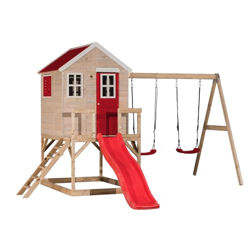 Wendi Toys M28 Stelzenhaus mit Rutsche und Doppelschaukel, Kinderspielhaus Holz für Garten Outdoor, FSC-Holz, Podesthöhe 90 cm, 330 × 405 × 242 cm, mit 175 cm Rutsche, Sandkasten, wetterfest
