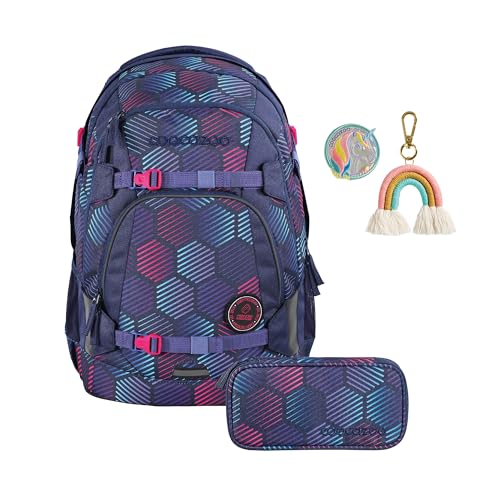 coocazoo Schulrucksack-Set Mate „Indigo Illusion & Unicorn“ 3-teilig, lila, ergonomischer 30L Tornister, höhenverstellbar, für Kinder ab der 5. Klasse, inkl. Federmäppchen & Colour UP-Set
