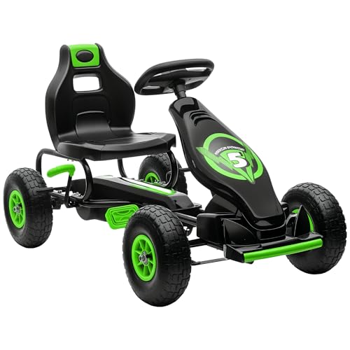 HOMCOM Gokart, Kinderfahrzeug mit 3-stufigen verstellbarem Sitz, Tretfahrzeug mit Gummireifen, Pedal und Handbremse, Kettcar für 5-12 Jahre Kinder bis 50 kg, Outdoor, Grün