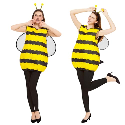 Joykindom Bienen Kostüm Damen - Bienenkostüm Erwachsene Karneval Kostüm mit Bienen Haarreif Flügel Kleid Hummel Kostüm Damen für Fasching Verkleidung XL