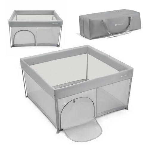 Kinderkraft ZIKI Laufgitter, faltbar in Sekunden, Reise-Laufstall mit Tragetasche, weiche Bodenmatte, atmungsaktive Netzseiten, seitlicher Reißverschluss, rutschfeste Füße, Grau