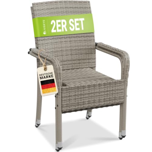 Juskys Polyrattan Gartenstühle Yoro 2er Set mit Armlehnen & Rückenlehne - 2 Stühle stapelbar - Rattan Stuhl Garten - Stapelstuhl Grau-meliert