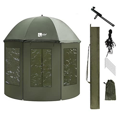 Zite Fishing Schirmzelt Anglerzelt Wasserabweisend & Geschlossen [250cm + Schirmstütze] Karpfen Angelzelt Angelschirm mit Seitenwand & Rückwand Angelschirme Angel Schirm Anglerschirm Schirmzelt Angeln