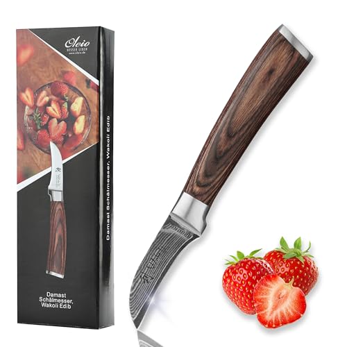 Wakoli EDIB Schälmesser aus echtem Damaststahl (VG10 Kern) mit 6 cm gebogener Klinge – Scharf & handlich – Damastmesser mit Pakkaholzgriff in Geschenkbox – Tourniermesser für Obst & Gemüse