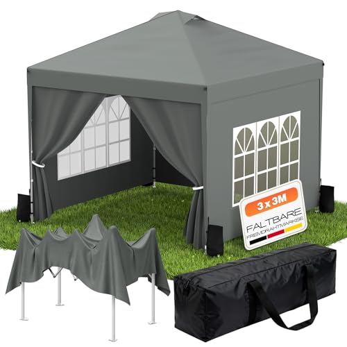Huracan Pavillon mit Seitenwände und Sandsäcke, Faltpavillon 3x3m Wasserdicht Stabil Winterfest, Höhenverstellung Gartenpavillon, UV Schutz, Partyzelt Faltbar mit Tragetasche Für Garten, Anthracite