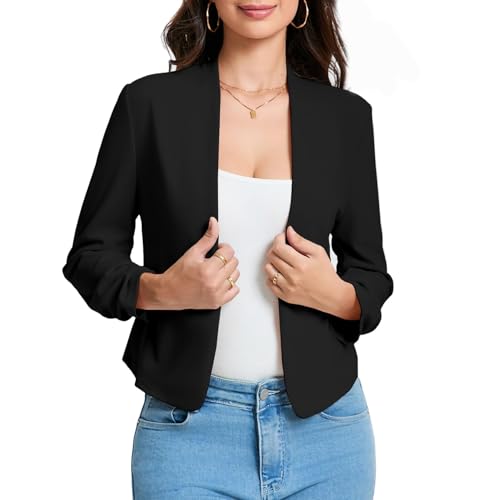 YesFashion Kurzblazer Damen Lange Ärmel Leichte Blazer Ohne KnöPfe für Business Short Büro Arbeit Jacke (Schwarz, S)