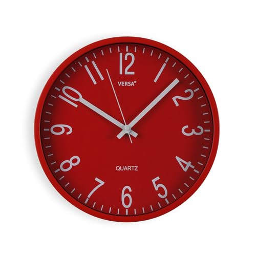 Versa Raven leise und dekorative Wanduhr, für Küche, Wohnzimmer oder Esszimmer – gut lesbar, Maße (H x L x B) 25 x 4,3 x 25 cm, Polypropylen, Rot