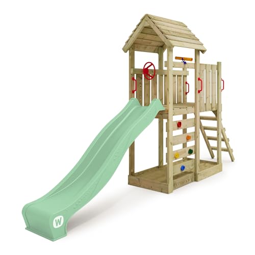 WICKEY Spielturm Klettergerüst JoyFlyer mit Holzdach & Rutsche, Outdoor Kinder Kletterturm mit Sandkasten, Leiter & Spiel-Zubehör für den Garten (pastellgrün)