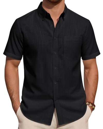 J.VER Hemd Herren Kurzarm Regular Fit Kurzarm Leinenhemd Sommer Freizeithemd Button Down Strand Oberteile Schwarz L