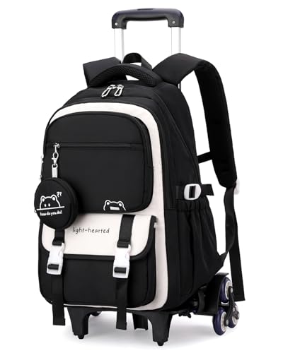 Tanou Schulrucksack Trolley für Mädchen, 30L Rucksack Teenager mit Rollen, Abnehmbar Trolley Schultasche Mädchen für Grundschule Sekundarstufe Lässiger Ranzen mit 6 Räder, Schwarz