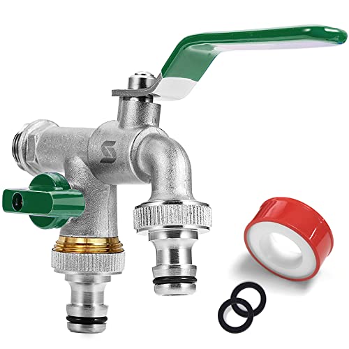 SPGOOD Garten Wasserhahn,Doppel Auslaufhahn 1/2 Zoll,aus Messing Rost-und Frostsicher, mit 2 x Schlauchanschlüsse,1x Rollendichtband,Doppelanschluss und Schlauchtülle für,für Garten(Grün)