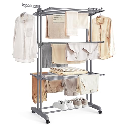 SONGMICS Wäscheständer, Standtrockner 4 Ebenen, Flügelwäscheständer, klappbare Flügel, mit Rollen, 63,5 x 128 x 173 cm, groß, einfacher Aufbau, Taubengrau LLR701G01