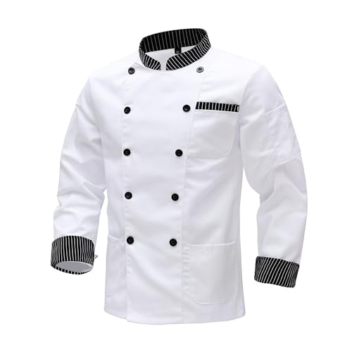 MeiLayM Kochjacke für Herren Langarm Arbeitsjacke Unisex Kochjacke Professionelle Kochjacke Stehkragen Uniform Küchebekleidung Hotel Cafe Kochjacke mit Tasche Weiß,L