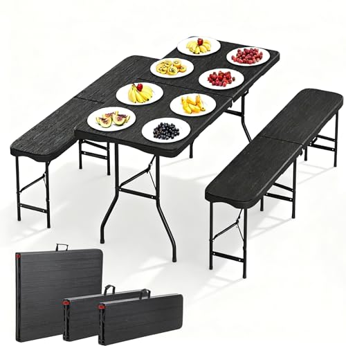Peviasot Bierzeltgarnitur klappbar 3-teilig Set Tisch & 2X Bierbänke, Biertischgarnitur für drinnen & draußen, 180×74×74cm Kunststoff Klapptisch Holzmaserung-Optik Gartentisch mit Tragegriffe
