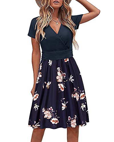STYLEWORD Damen Sommerkleid Kurzarm V-Ausschnitt kleider Blumenmuster kleid Strandkleid Mit Taschen(floral05,Groß)