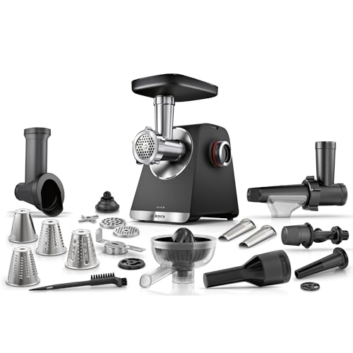 Bosch MultiPower Serie 6 Fleischwolf MFWS682B, Reibe-, Kebbe- und Wurst-Aufsatz, Entsafter, Gebäck-Aufsatz, Zitruspresse, Mühle, 3 Lochscheiben (3, 4,5 und 8 mm), Motorblockleistung 2.100 W, Schwarz