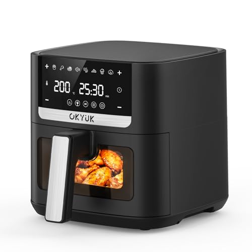 OKYUK Heißluftfritteuse 6L Airfryer XL - 1200W Friteuse ohne Öl mit Metall-Innenraum | Heissluftfriteuse Air Fryer, 8 Programmen, Digitales LED-Display, Timer, Benutzerfreundlich, 80-200°C