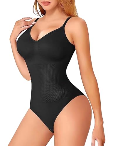 Shapewear Damen Body, Miederbody Stark Formend, Bodysuit Women, Bauchweg Body Shaper Damen, Bequemer Formende Bodys, Stringbody mit Verstellbarer Schultergur, Atmungsaktiven Materialien S/M