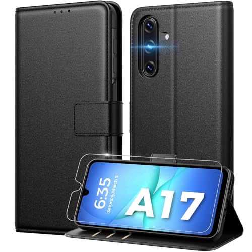 Peakally Handyhülle für Samsung Galaxy A17 5G Hülle [Mit 1 Stück Panzer Schutz Glas] [Premium PU Leder] [RFID-Blockierung] [Kartenfach] Klapphülle kompatibel mit Galaxy A17 5G / 4G - Schwarz