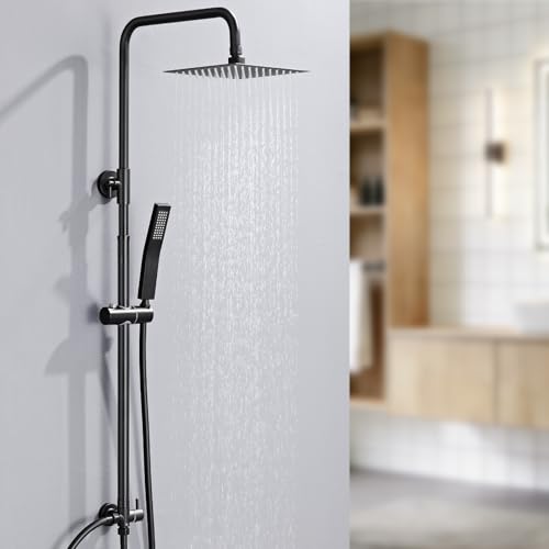 Auralum Regendusche ohne Armatur, Duschsystem Schwarz Edelstahl mit Regendusche Duschkopf 20cmx20cm eckig, Duschgarnitur mit Messing-Wasserteiler, Höhenverstellbar Duschstange, Duschset für Badezimmer