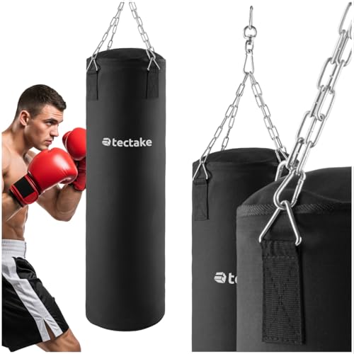 tectake® Boxsack für Zuhause, Sandsack gefüllt mit 25 kg, inkl. Boxsack Halterung 4-Punkt Stahlkette, Befestigungshaken und Drehwirbel, Fitnessgeräte für Zuhause, für Boxsport, Workout, 28 x 140 cm