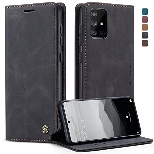 owlhold Handyhülle Samsung Galaxy A71 4G klapphülle Premium PU Lederhülle Weiches Vintage Faltbare Ständer Schutzhülle Kartenfach Standfunktion Handytasche Hülle Samsung Galaxy A71 4G -Schwarz