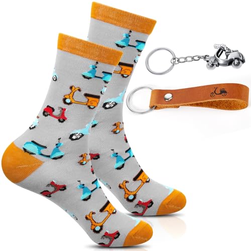 Otuuz 4 Stück Motorrad Geschenke Leder Moped Schlüsselanhänger Roller Motorroller Socken Retro Metall Scooter Grußkarte Schlüsselanhänge für Herren Damen Motorrad Liebhaber Geburtstag(Mehrfarbig)