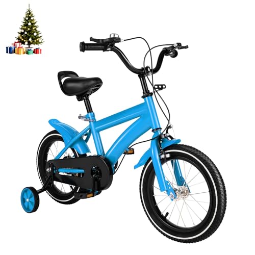 HUOMMGS Kinderfahrrad 14 Zoll Upgraded Kinderfahrrad mit Stützrädern Höhenverstellbar Kinder Fahrrad für ab 3-6 Jahre Jugend Fahrrad für Jungen & Mädchen (Blau)