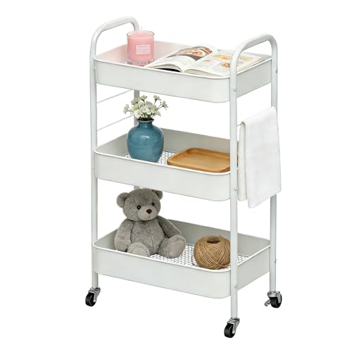 ZOESTORAGE Rollwagen mit 3 Etagen, Aufbewahrungswagen aus Metall mit Rollen für Zuhause, Badezimmer, Küche, Wäsche, Büro und Rollwagen Küche für Bücher, Gemüse und Snacks, Weiß