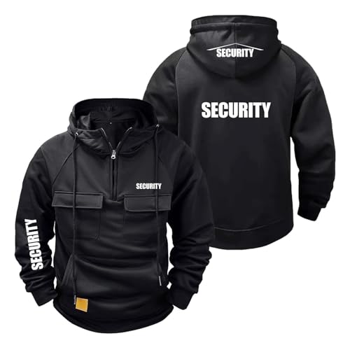 NXTBHDCW Pullover-Kapuzenmäntel Für Herren Für S.EC.URI.TY Mit Taschen Jacke Mit Halbem Reißverschluss Langärmelige Kapuzenjacke Bequeme Sweatshirts Mit Kapuze-HeiS||XXL