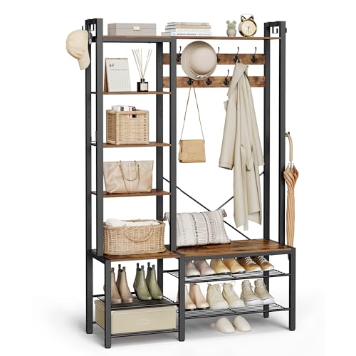 VASAGLE Garderobenständer mit Schuhbank, Garderobe, 5 Regalebenen aus Spanplatten, 9 Dreifach-Haken, 6 seitliche Haken, 40 x 120 x 190 cm, vintagebraun-tintenschwarz HSR426B01
