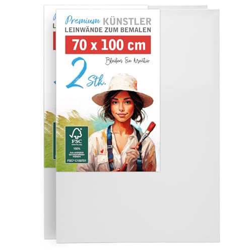 2er-Set Leinwand zum Bemalen 70x100cm groß - 100% Baumwolle 280g/m², 2-fach grundiert, FSC® Holz-Keilrahmen 17mm, für Acrylfarbe, Aquarell, Öl & Gouache
