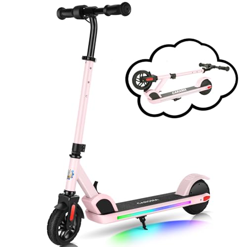 Caroma E35 Elektroroller für Kinder von 6-12 Jahren, Faltbarer E Roller Scooter mit Bunte Leuchten & LED-Anzeige, Einstellbare Geschwindigkeit und Höhe, Maximale 16km & 16km/h Rosa