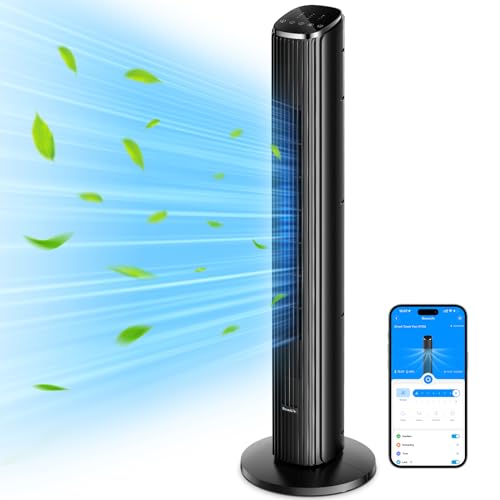 GoveeLife Intelligente leiser Turmventilator, 75° Oszillierende Ventilatoren mit App- und Sprachfernbedienung, 6.3m/s Geschwindigkeit 8 Geschwindigstufen 5 Modi 24 Std-Timer, mit Kühlung